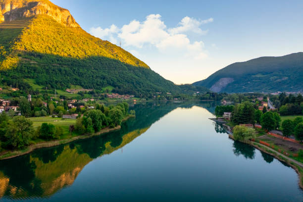 Wonderful aerial view of Endine Lake Panorama of Endine Lake , the lake is located near Bergamo in Cavallina Valley , Italy Lombardy. lombardy stock pictures, royalty-free photos & images