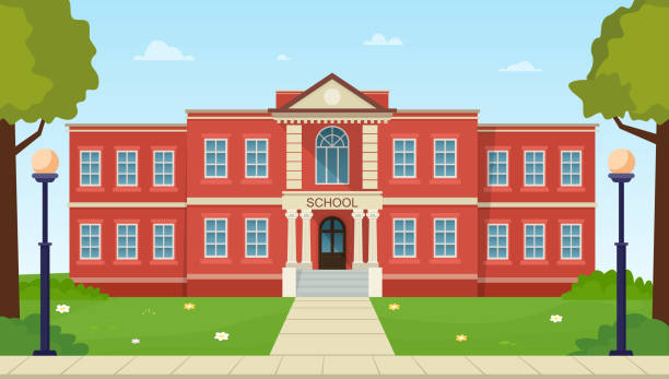 School building facade with green grass and trees. Public educational institution exterior. School building facade with green grass and trees. Public educational institution exterior. Vector illustration. university clipart stock illustrations