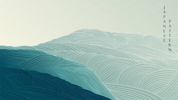 ilustrações de stock, clip art, desenhos animados e ícones de abstract landscape background with japanese wave pattern vector. mountain forest texture banner with line art in vintage style. - art