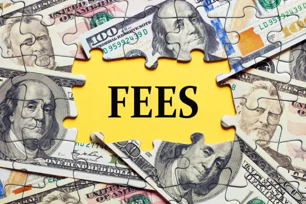 Photo of The word fees surrounded by puzzle pieces with dollar bill money