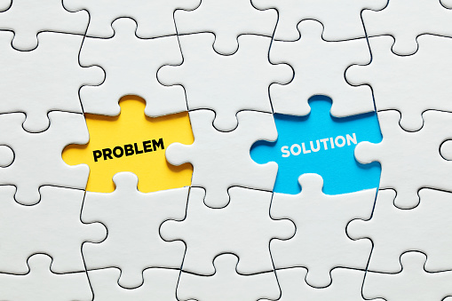 Missing puzzle pieces with the opposite words problem and solution. Problem solving in business concept.
