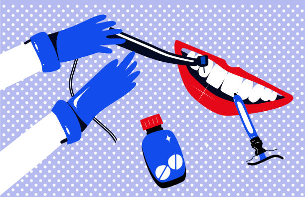 illustrazioni stock, clip art, cartoni animati e icone di tendenza di dentista mani in guanti tenendo punta trapano e cura i denti con carie, rimuovendo la placca. banner in stile pop art. bocca umana con gengive. malattia della cavità orale. - pill pop art capsule medicine