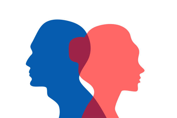 Concept of divorce,  quarrel between man and woman Concept of divorce,  quarrel between man and woman. Male and female profiles. Family relationships break up, hatred divorce patterns stock illustrations