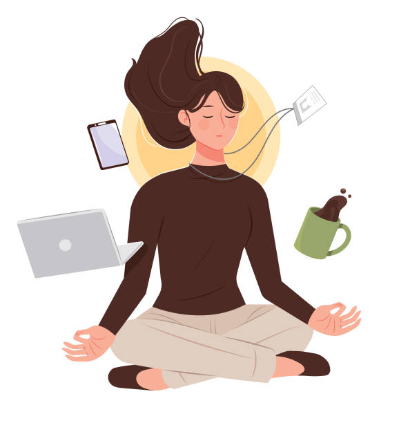 weibliche büroangestellte praktizieren geistkontrollierende meditation. - zen like meditating yoga business stock-grafiken, -clipart, -cartoons und -symbole