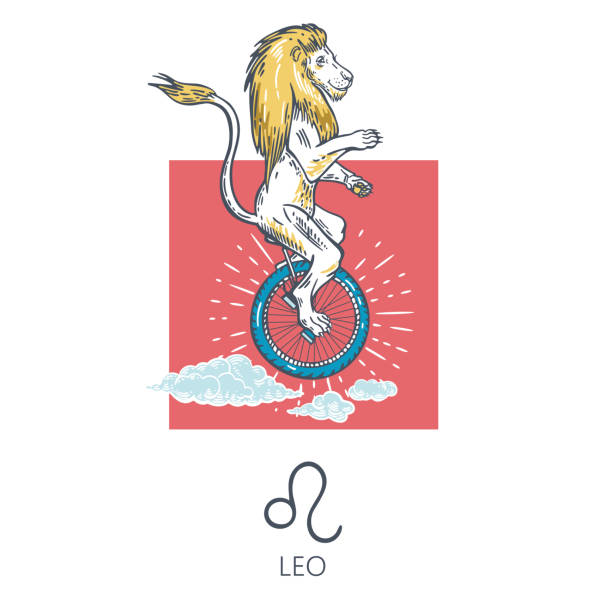 illustrazioni stock, clip art, cartoni animati e icone di tendenza di segno zodiacale di leone. il leone cavalca su una ruota. sole e nuvole. astrologia. - fortune telling astrology sign wheel sun