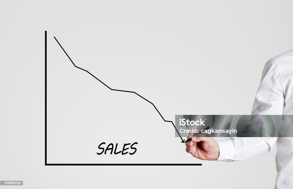 Businessman Draws A Declining Line Graph With The Word Sales Decrease ...