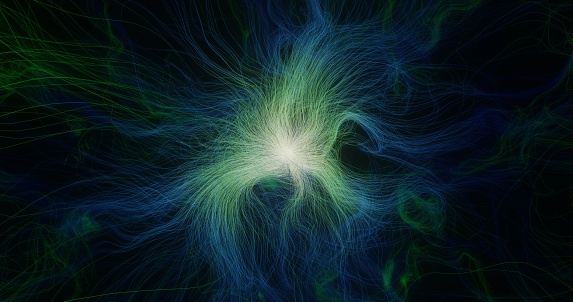 Glowing threads in dark space. Galaxy. 3d illustration