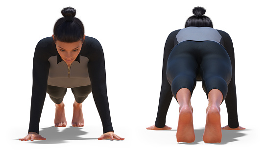 Front and Back Poses of a Woman in Yoga Plank Pose with a white background
