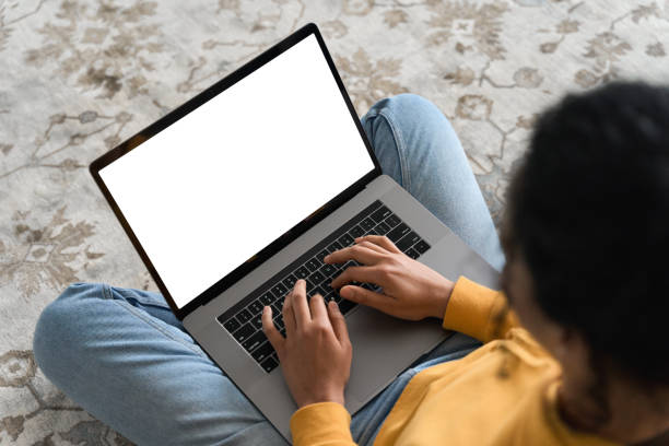 istock Top view of white blank empty mockup laptop screen for advertising. 1319942625
