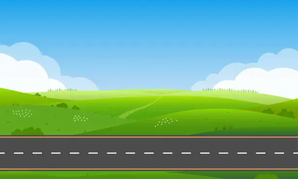 Vector illustration of Road or highway in nature landscape with green grass, hills and blue sky. Summer or spring countryside background. Vector illustration.