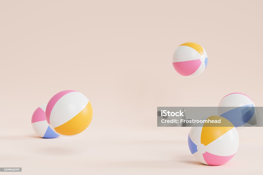 Summer beige background with inflatable beach balls, copy space, minimal 3d illustration render Beach Stock Photo