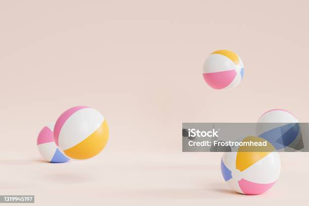 Summer Beige Background With Inflatable Beach Balls Copy Space Minimal 3d Illustration Render Stock Photo - Download Image Now