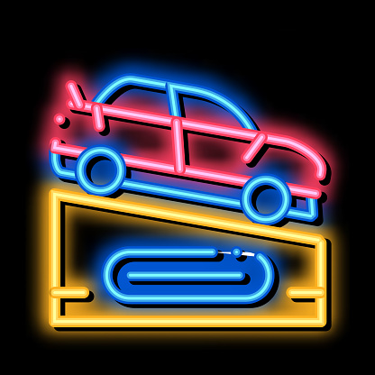 Car On Pedestal neon light sign vector. Glowing bright icon Car On Pedestal isometric sign. transparent symbol illustration