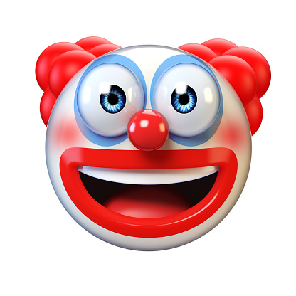 A Caucasian male, with a red clown nose and a crown. A male clown holds a toilet brush and smiles. Gray background and copy space.