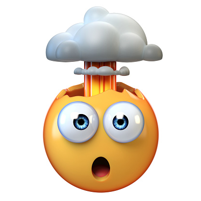 Emoji soplado mental, emoticono de cabeza explosiva sobre fondo blanco, renderizado 3D photo