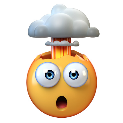 Mind blown emoji, exploding head emoticon on white background, 3d rendering