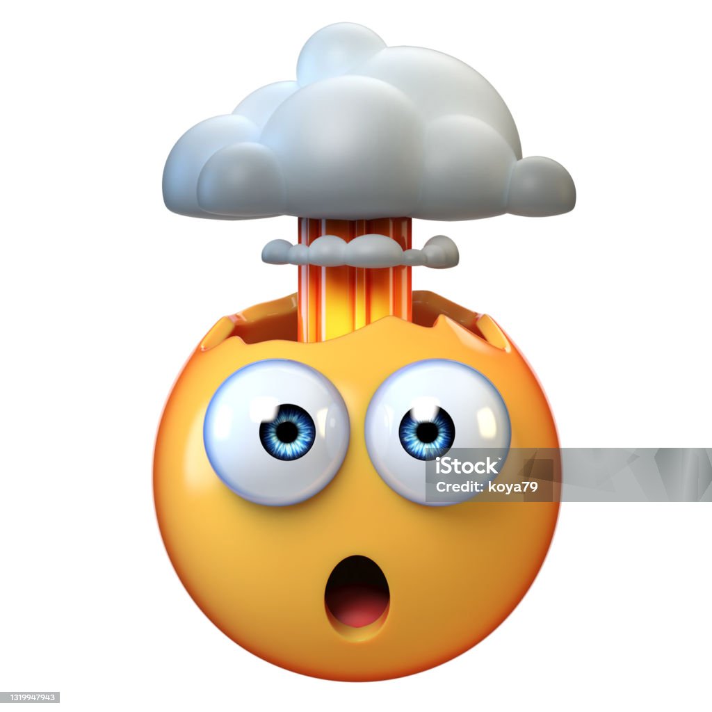 Mind blown emoji, exploding head emoticon on white background, 3d rendering Emoticon Stock Photo