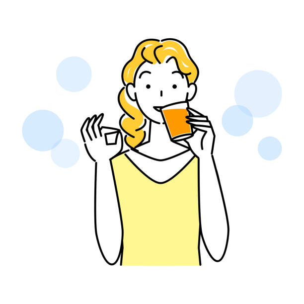 ilustrações, clipart, desenhos animados e ícones de insolação mede mulher fofa bebendo suco de laranja para hidratação ilustração simples vetor prevenção de insolação. uma mulher bonita bebendo suco de laranja para se manter hidratada. ilustração simples. vetor. - symbol favorites internet orange