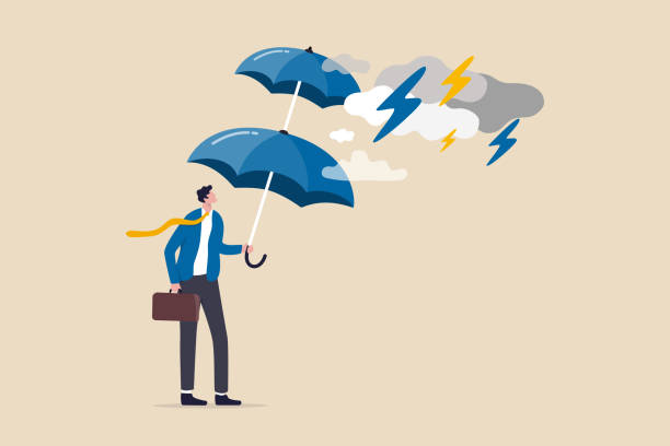 Extra protection for thunderstorm ahead, business protection or insurance, resilience or shield to survive crisis situation concept, businessman holding double layers umbrella to protect against storm Extra protection for thunderstorm ahead, business protection or insurance, resilience or shield to survive crisis situation concept, businessman holding double layers umbrella to protect against storm superheld stock illustrations