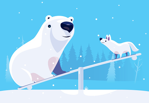 vector illustration of cheerful bear and wolf meeting at seesaw