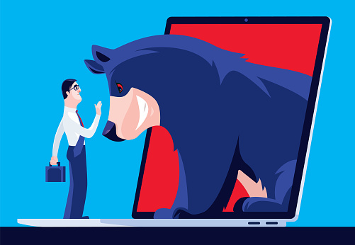 vector illustration of bear meeting angry businessman via laptop