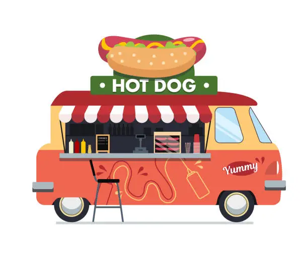 Vector illustration of Hot dog Food Truck - small business graphics. Modern flat vector concept of Street Food Truck.