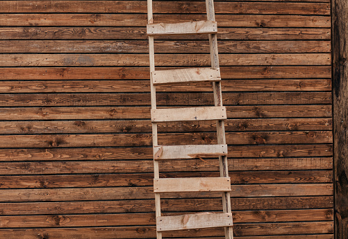 A kiva ladder leaning against a Santa Fe, New Mexico brown adobe wall. Kiva ladders were traditionally used by Pueblo Indians to gain entrance to doorways on the roof of the pueblo, and were then pulled up to secure the pueblo. Now the ladders are used throughout New Mexico as decorative accents.
