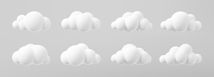 3d render of a clouds set isolated on a grey background. Soft round cartoon fluffy clouds mock up icon. 3d geometric shapes vector illustration.