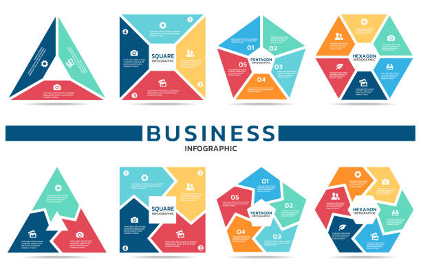 блок инфографики для бизнеса (часть три , часть 4, часть пять и часть шесть) векторный набор дизайна - arrow sign circle arrowhead square shape stock illustrations
