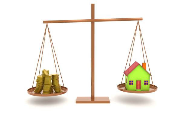 istock 3d illustration. Scales with coins and house 1319956018