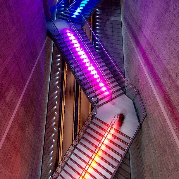Photo of Liverpool one at night: escalators.