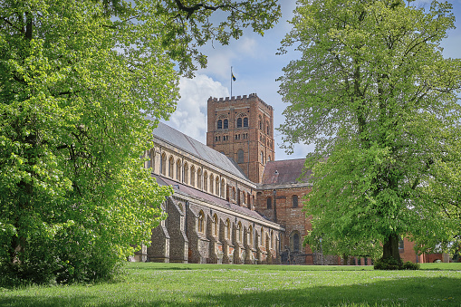 The Bell Tower of St Albans Abbey in Verulamium Park with trees on a summer day