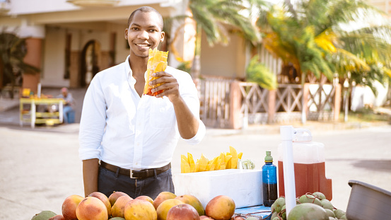 portrait of a happy smiling afro american casual trader man holding a bag with cut handles. entrepreneur concept own business and healthy food.