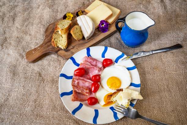 istock Plate with with fried egg, ham and cherry tomato, cheese and milk. 1319957482