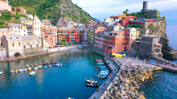 Vernazza village Cinque Terre aerial view Vernazza village Cinque Terre aerial view spezia stock pictures, royalty-free photos & images
