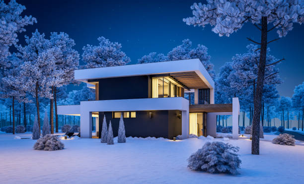 istock 3d rendering of modern house in luxurious style in winter night 1319959900