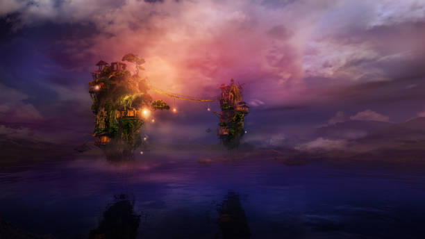 istock Fantastic night landscape with flying islands over the lake, 3D render. 1319960016