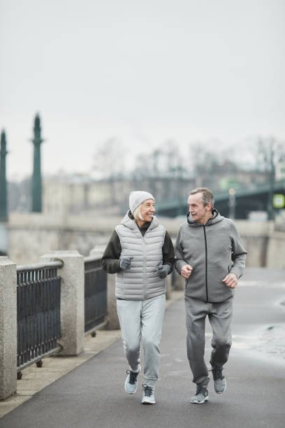 Happy senior couple enjoying morning training