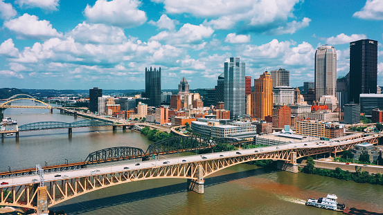 Freedom bridge in Pittsburgh city Pennsylvania downtown aerial view