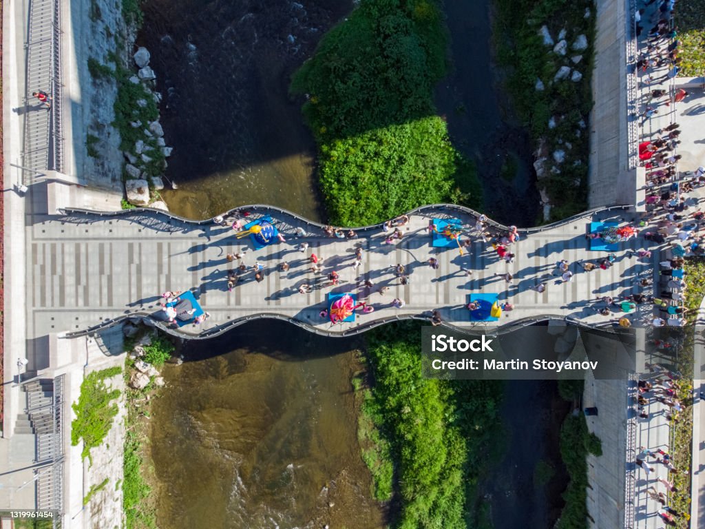 Bridge over river Bridge over Yantra River in Gabrovo, Bulgaria Above Stock Photo