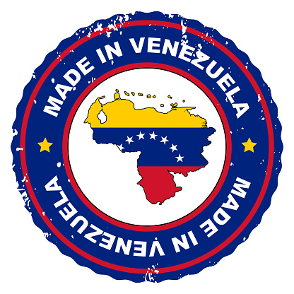 Retro style stamp Made in Venezuela include the map and flag of Venezuela.