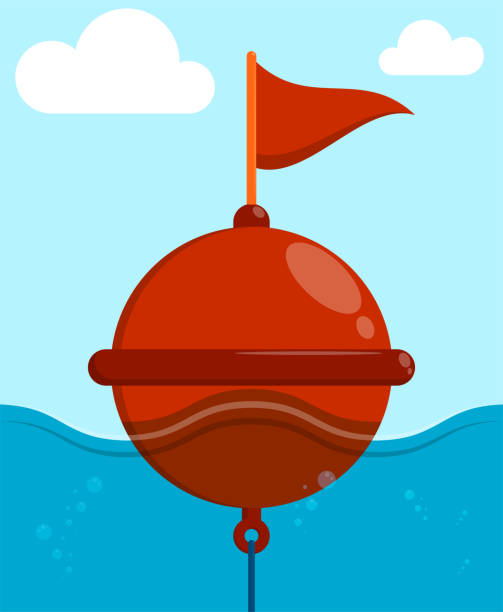 ilustrações de stock, clip art, desenhos animados e ícones de restrictive sea buoy on waves in cartoon style. regulation and safety of shipping in ocean. color vector - life belt water floating on water buoy