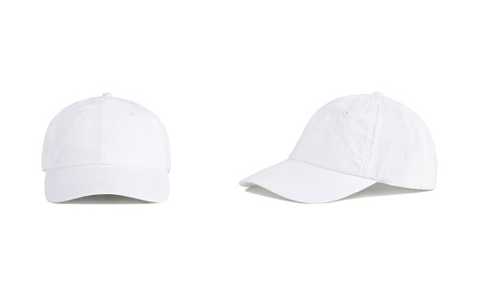 White sport baseball cap isolated on white background. Front and side views