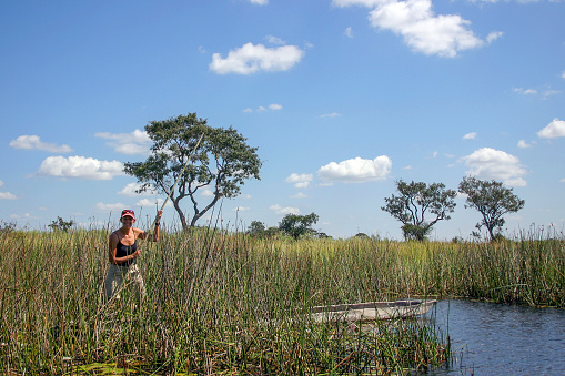 A tourist standing on a mokoro boat in the Okavango Delta in Botswana
