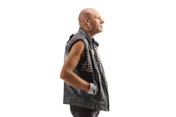 istock Bald punk man in leather clothes 1319972632