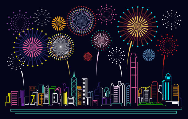ilustrações de stock, clip art, desenhos animados e ícones de cityscape building line hong kong city and firework vector illustration design - hong kong china city night