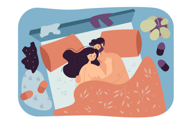 любящая пара, лежащая в постели вместе - couple stock illustrations
