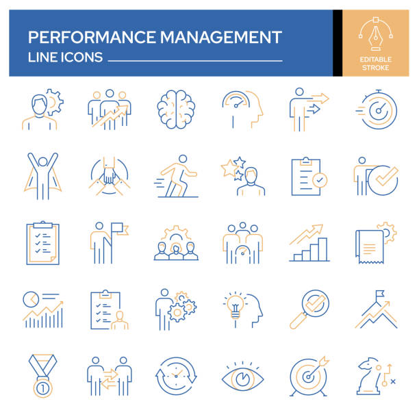 성능 관리 관련 라인 아이콘 집합입니다. 윤곽 선자 모음, 편집 가능한 스트로크 - research efficiency business development stock illustrations