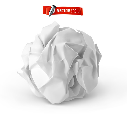 Vector realistic illustration of a crumpled paper ball on a white background.