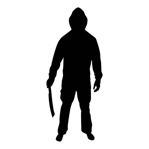 istock Silhouette man with sword machete cold weapons in hand military man soldier serviceman in positions hunter with knife fight poses strong defender warrior concept weaponry stand black color vector illustration flat style image 1319976955